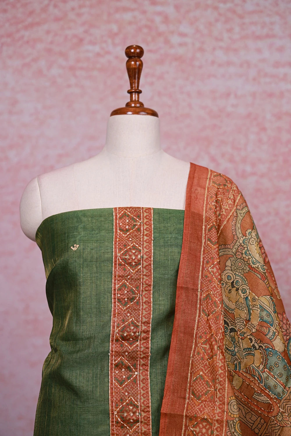 Green Tisuue Silk Kantha Stitched Unstitched Churidhar Material - Seematti