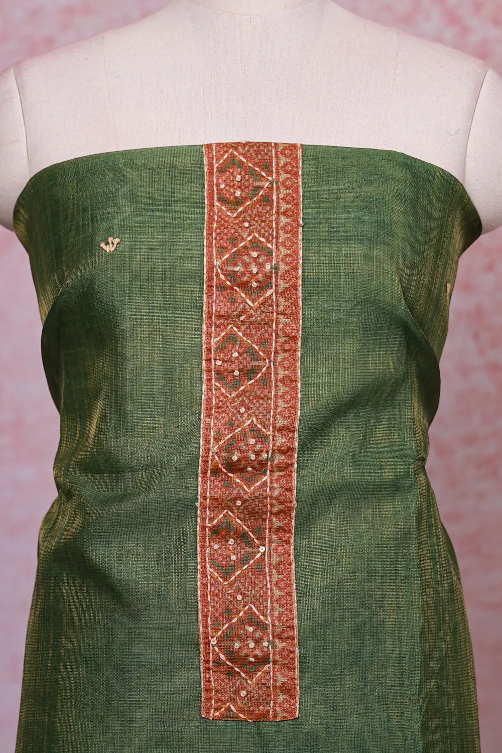 Green Tisuue Silk Kantha Stitched Unstitched Churidhar Material - Seematti