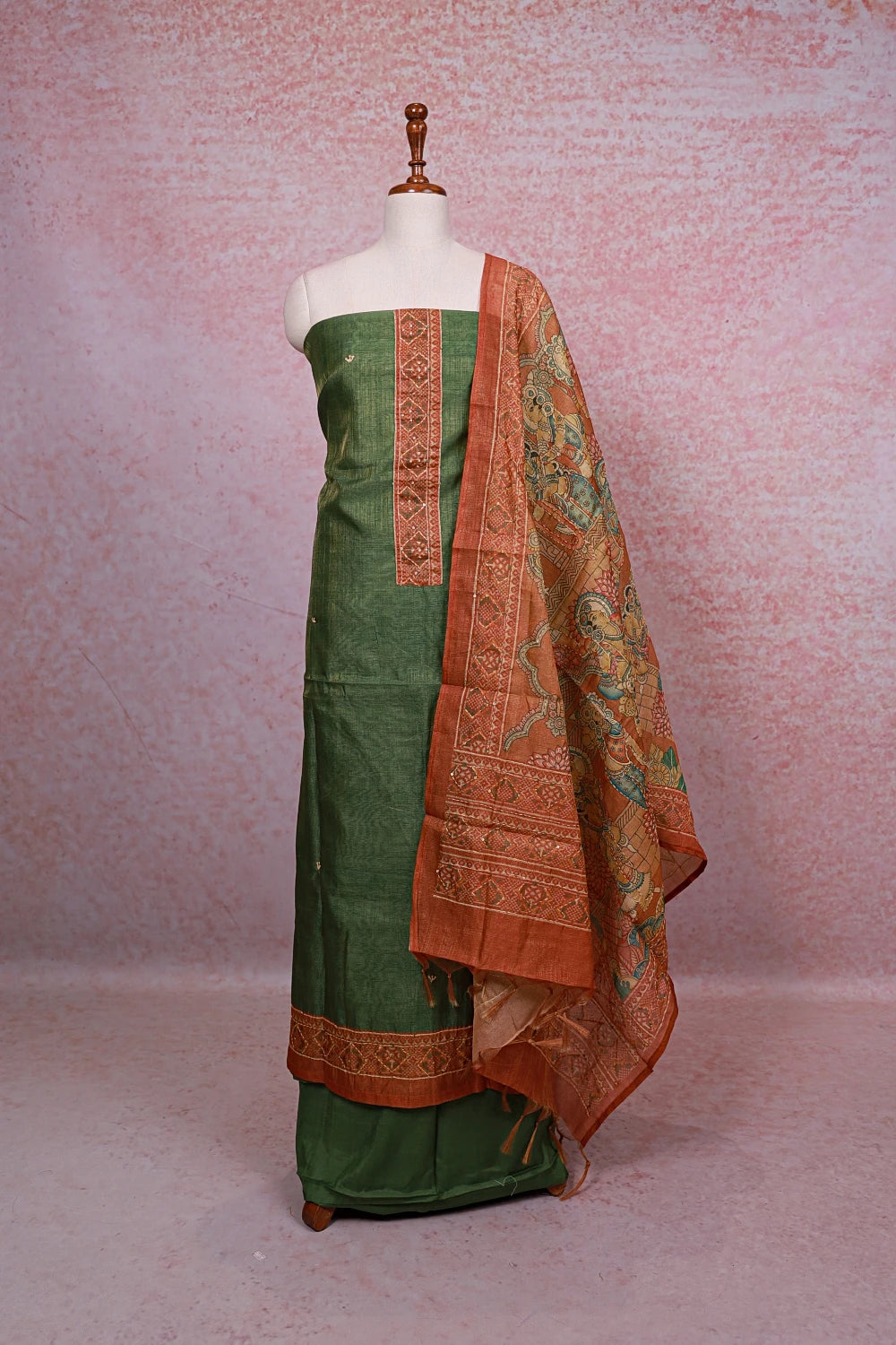 Green Tisuue Silk Kantha Stitched Unstitched Churidhar Material - Seematti