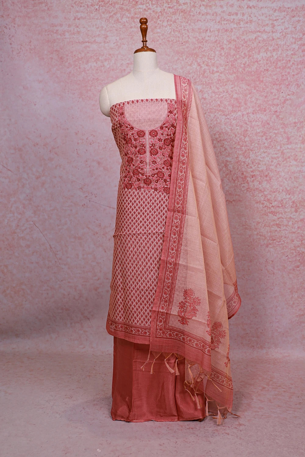 Onion Pink Tissue Silk Embroidery Unstitched Churidhar Material - Seematti
