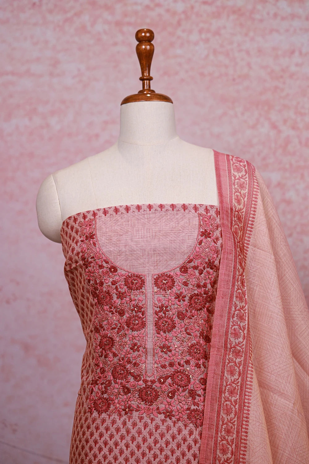 Onion Pink Tissue Silk Embroidery Unstitched Churidhar Material - Seematti