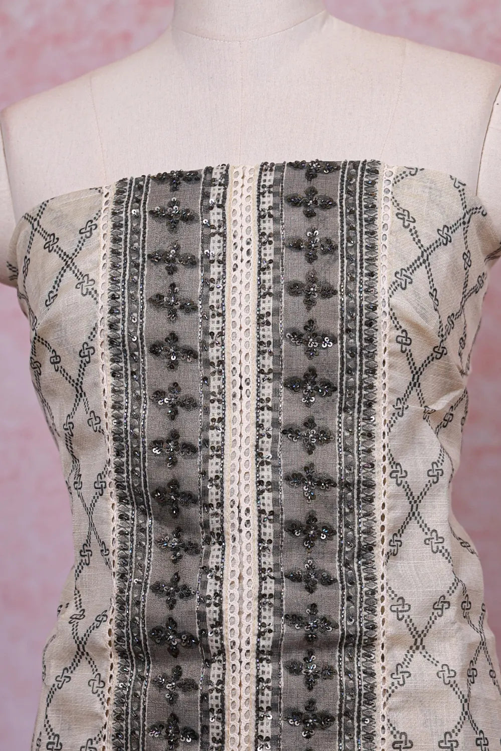 Cream Tissue Silk Beads Work Unstitched Churidhar Material - Seematti