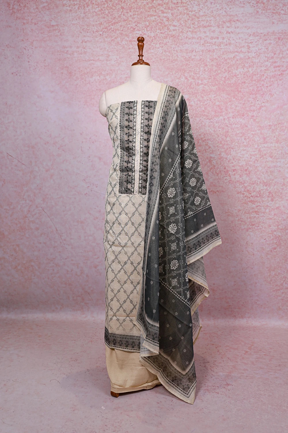 Cream Tissue Silk Beads Work Unstitched Churidhar Material - Seematti
