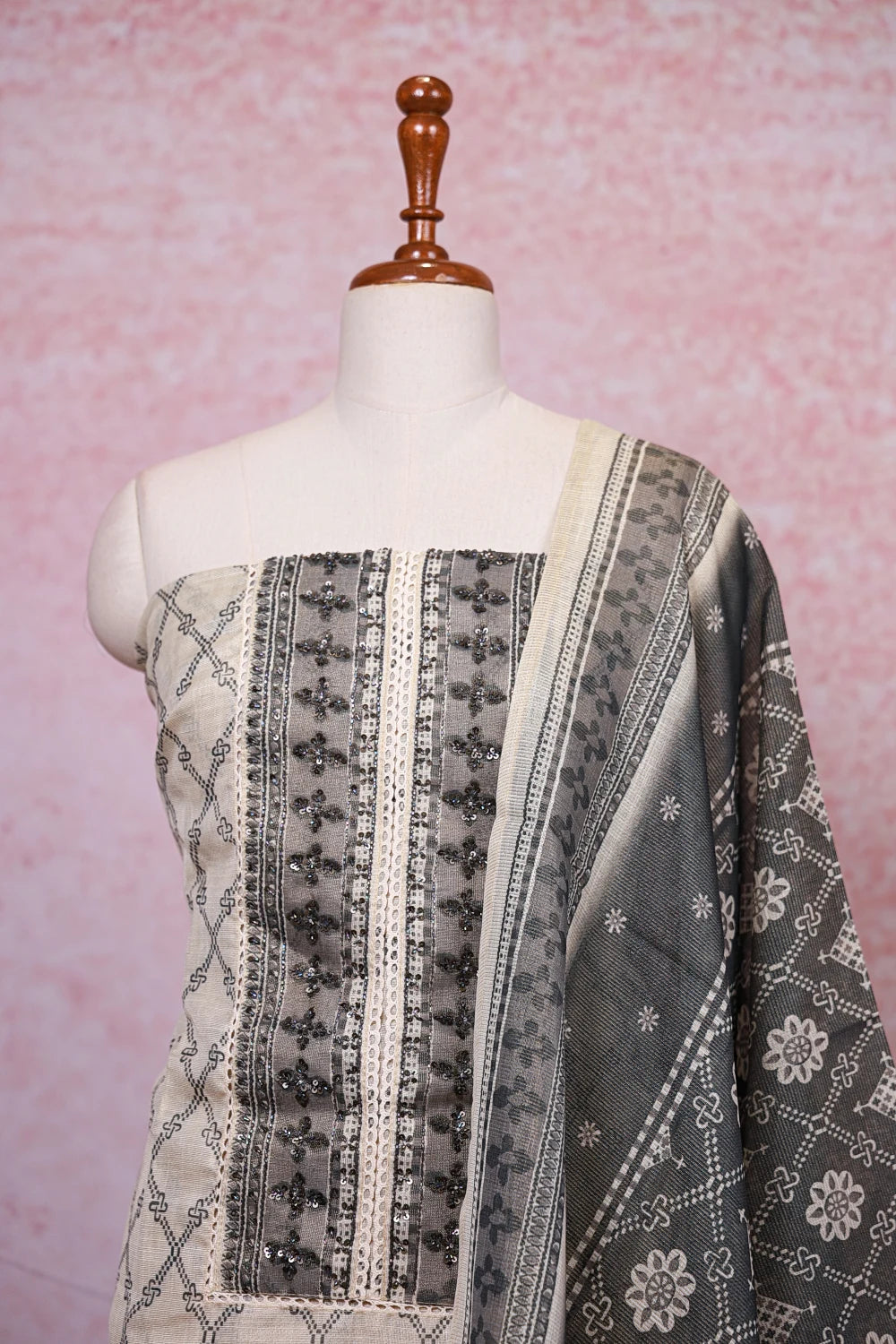 Cream Tissue Silk Beads Work Unstitched Churidhar Material - Seematti