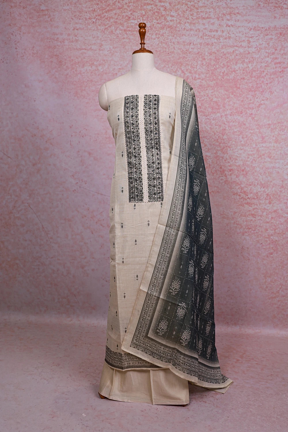 Cream Tissue Silk Beads Work Unstitched Churidhar Material - Seematti