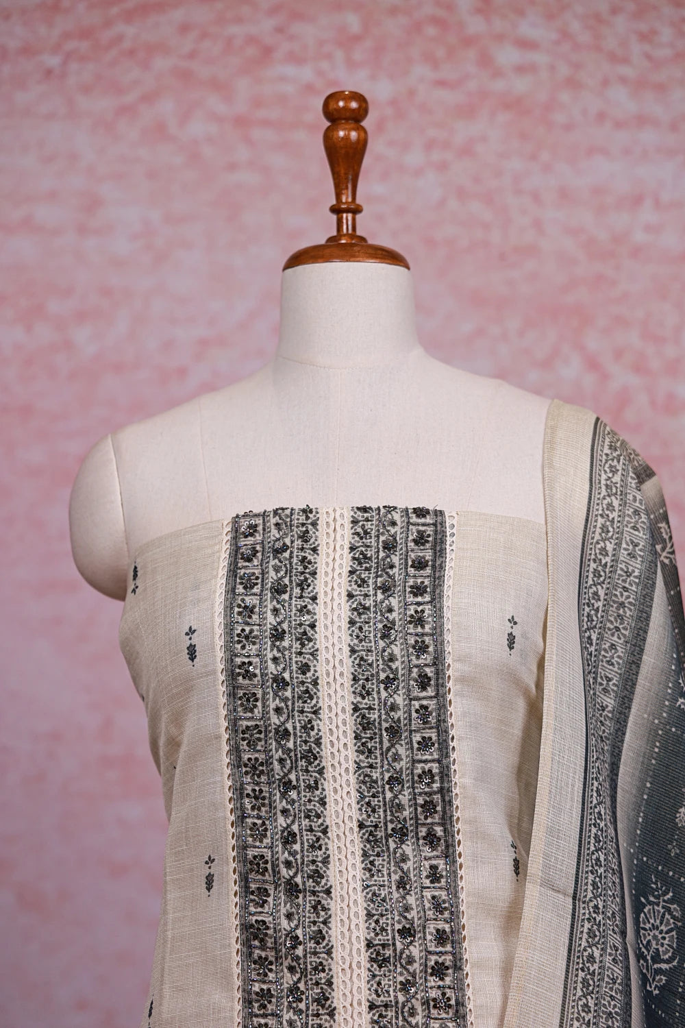 Cream Tissue Silk Beads Work Unstitched Churidhar Material - Seematti