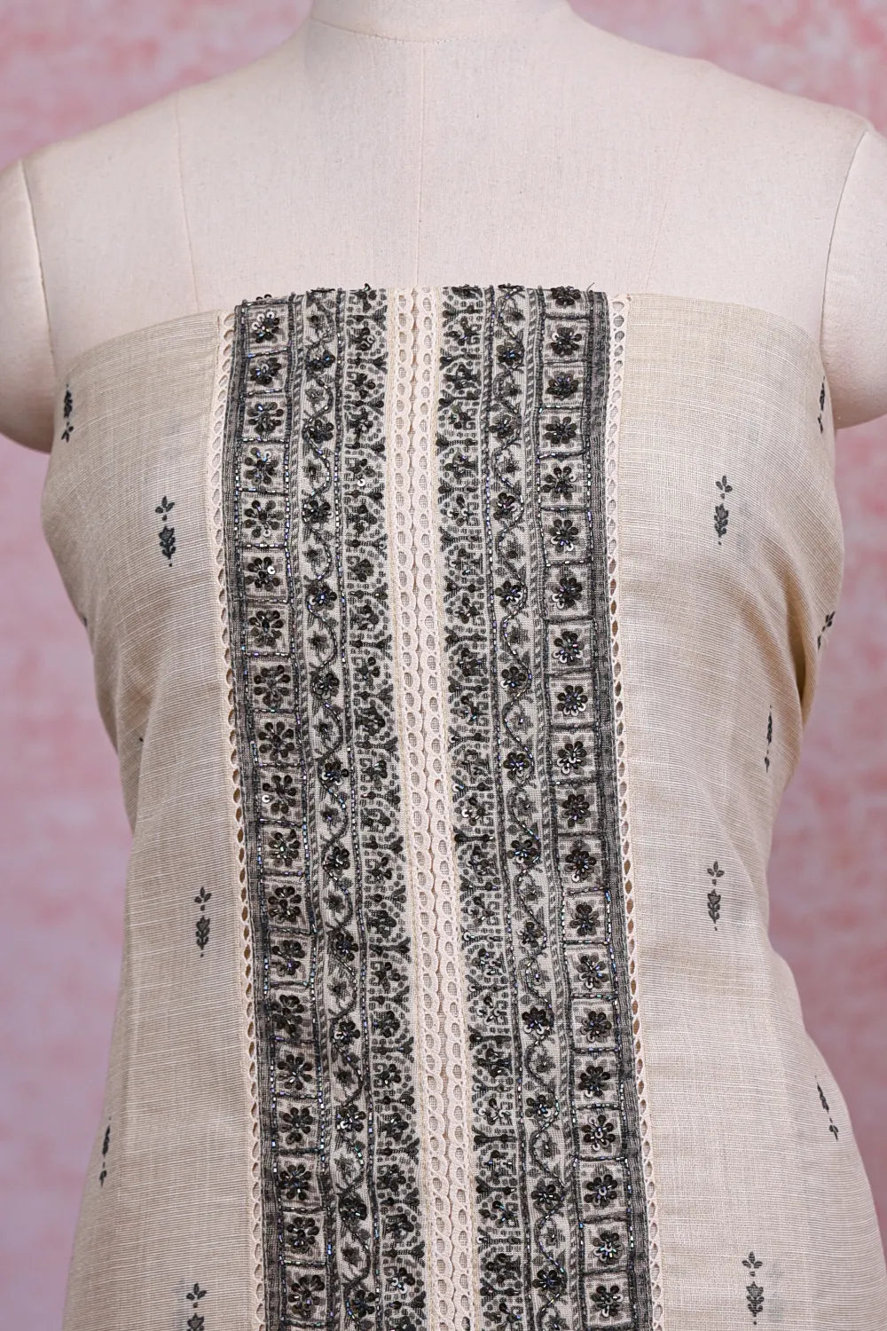 Cream Tissue Silk Beads Work Unstitched Churidhar Material - Seematti