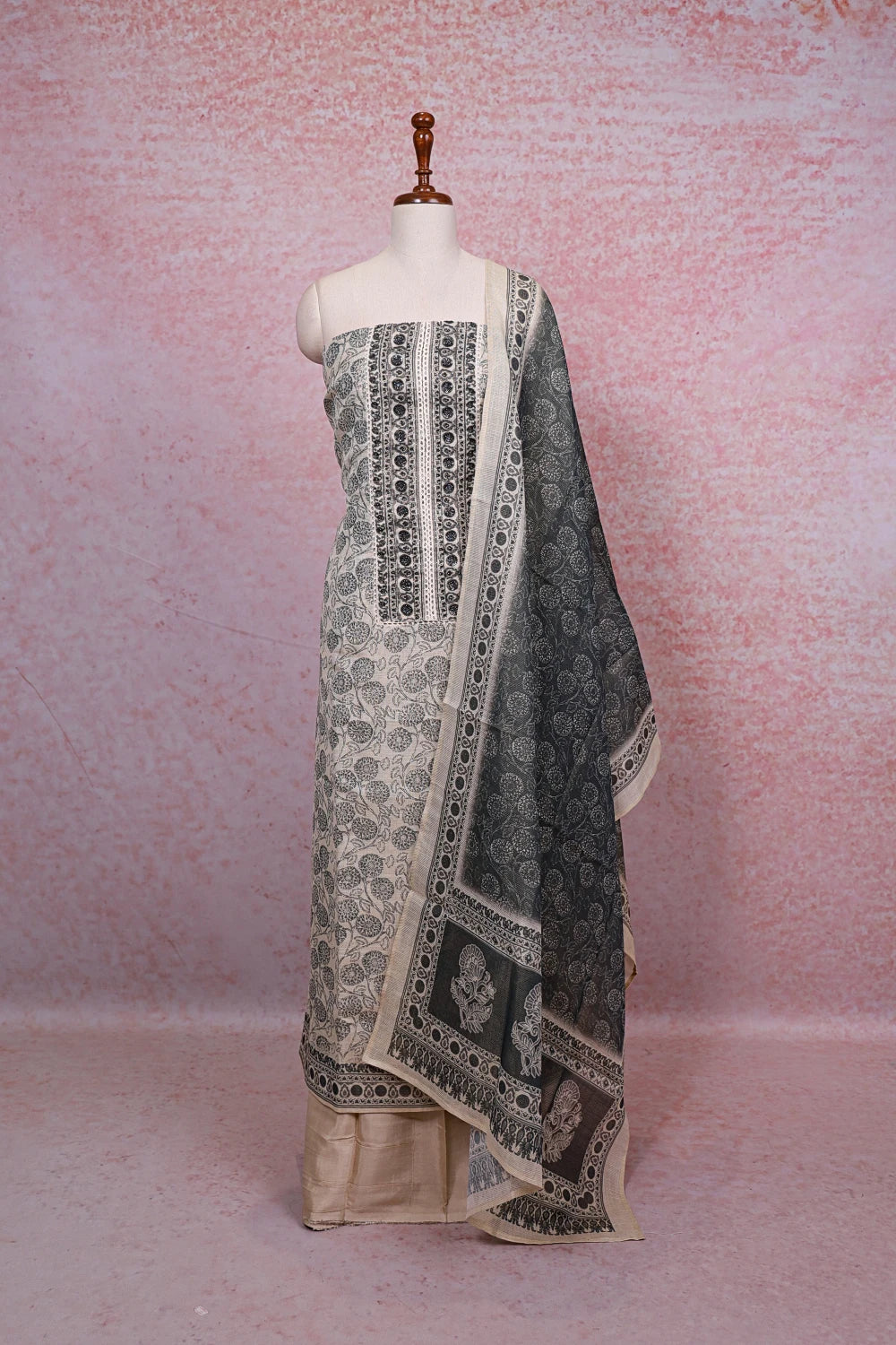 Cream Tissue Silk Beads Work Unstitched Churidhar Material - Seematti