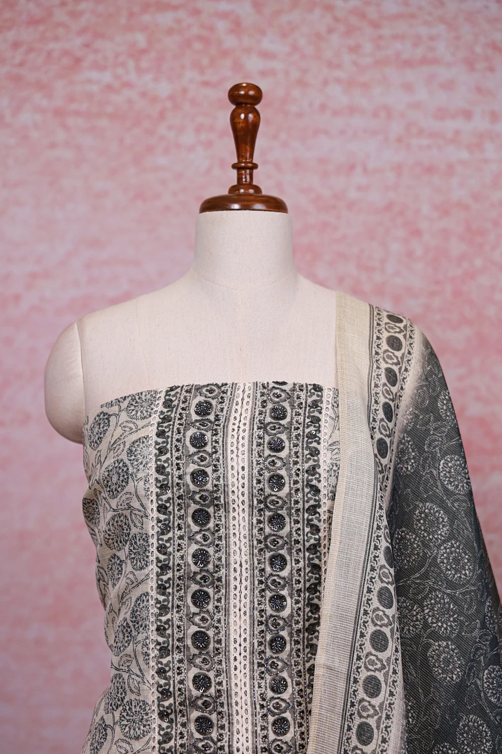 Cream Tissue Silk Beads Work Unstitched Churidhar Material - Seematti