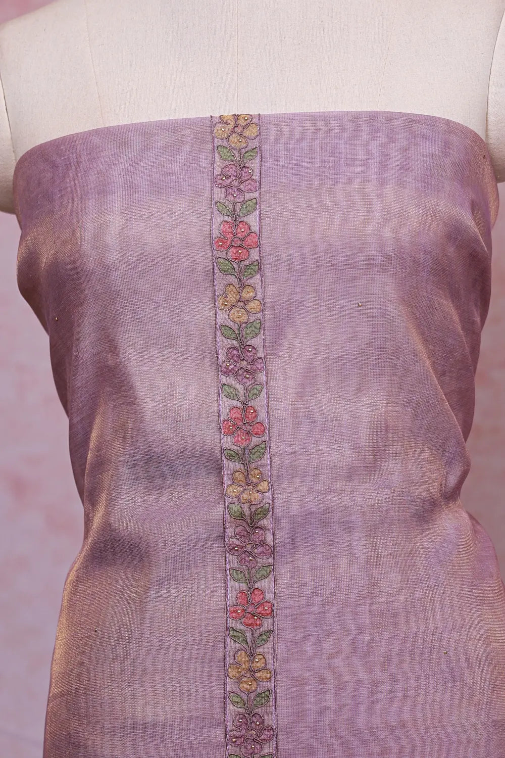 Lavender Tissue Silk Thread Work Unstitched Churidhar Material - Seematti