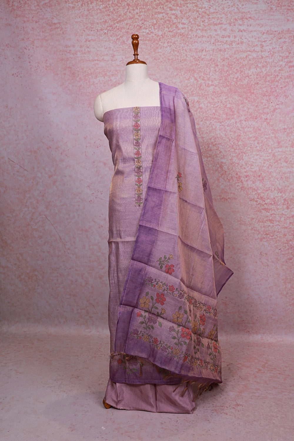 Lavender Tissue Silk Thread Work Unstitched Churidhar Material - Seematti