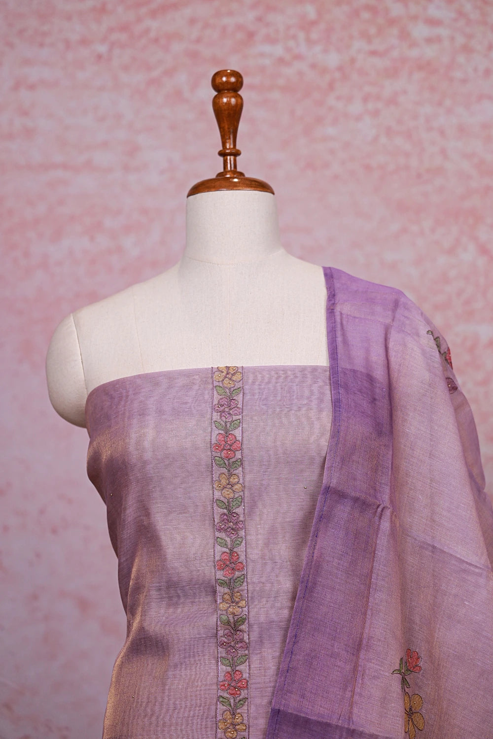Lavender Tissue Silk Thread Work Unstitched Churidhar Material - Seematti