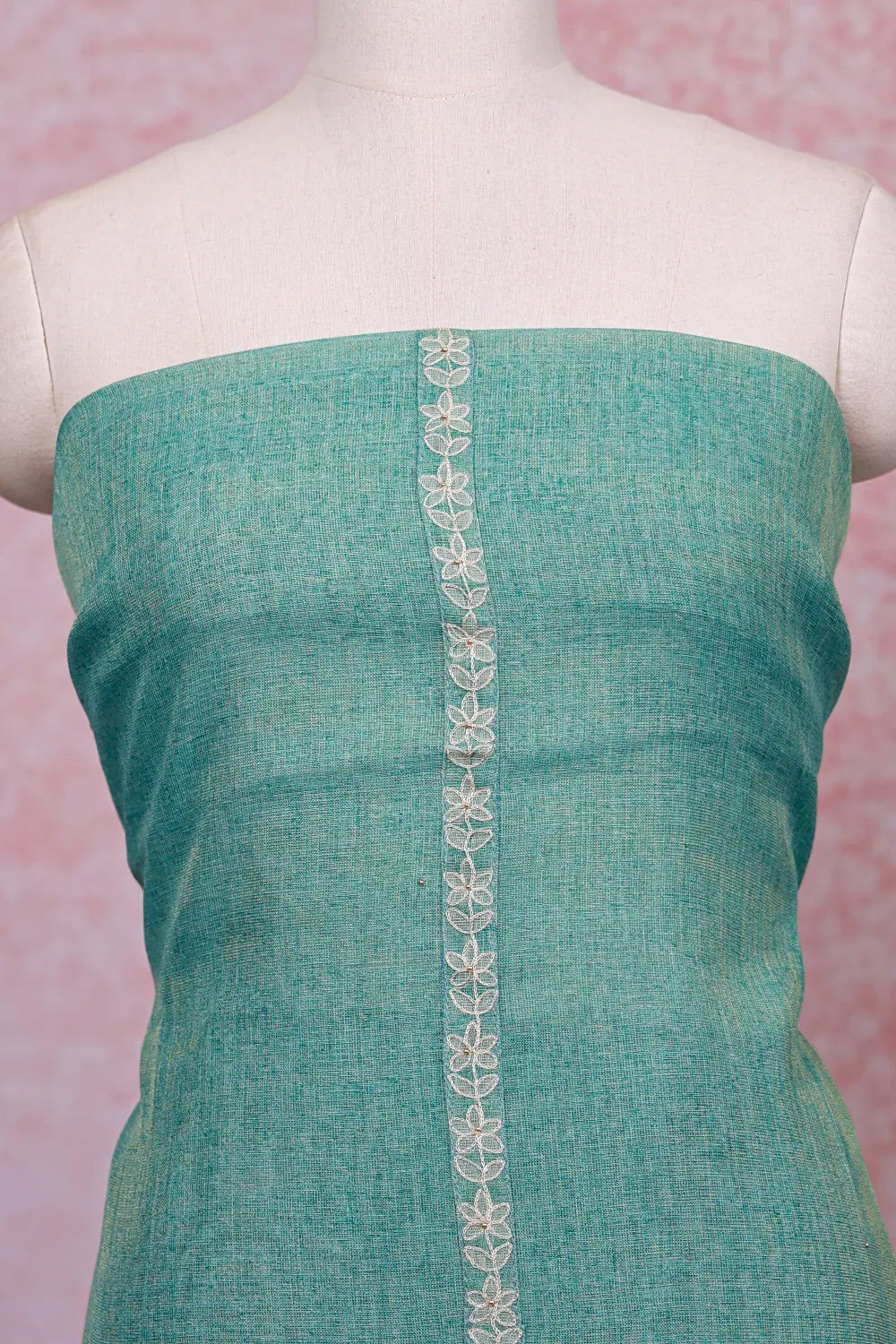 Sage Green Tissue Silk Thread Work Unstitched Churidhar Material - Seematti