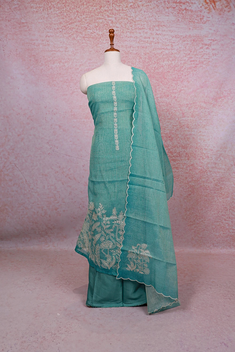 Sage Green Tissue Silk Thread Work Unstitched Churidhar Material - Seematti