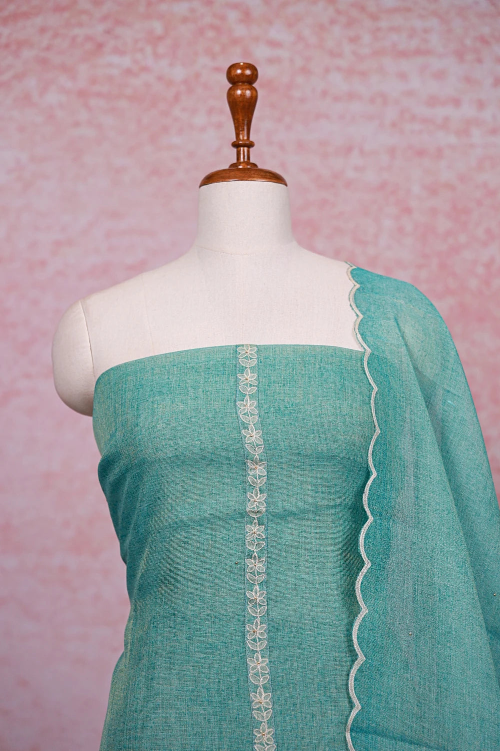 Sage Green Tissue Silk Thread Work Unstitched Churidhar Material - Seematti