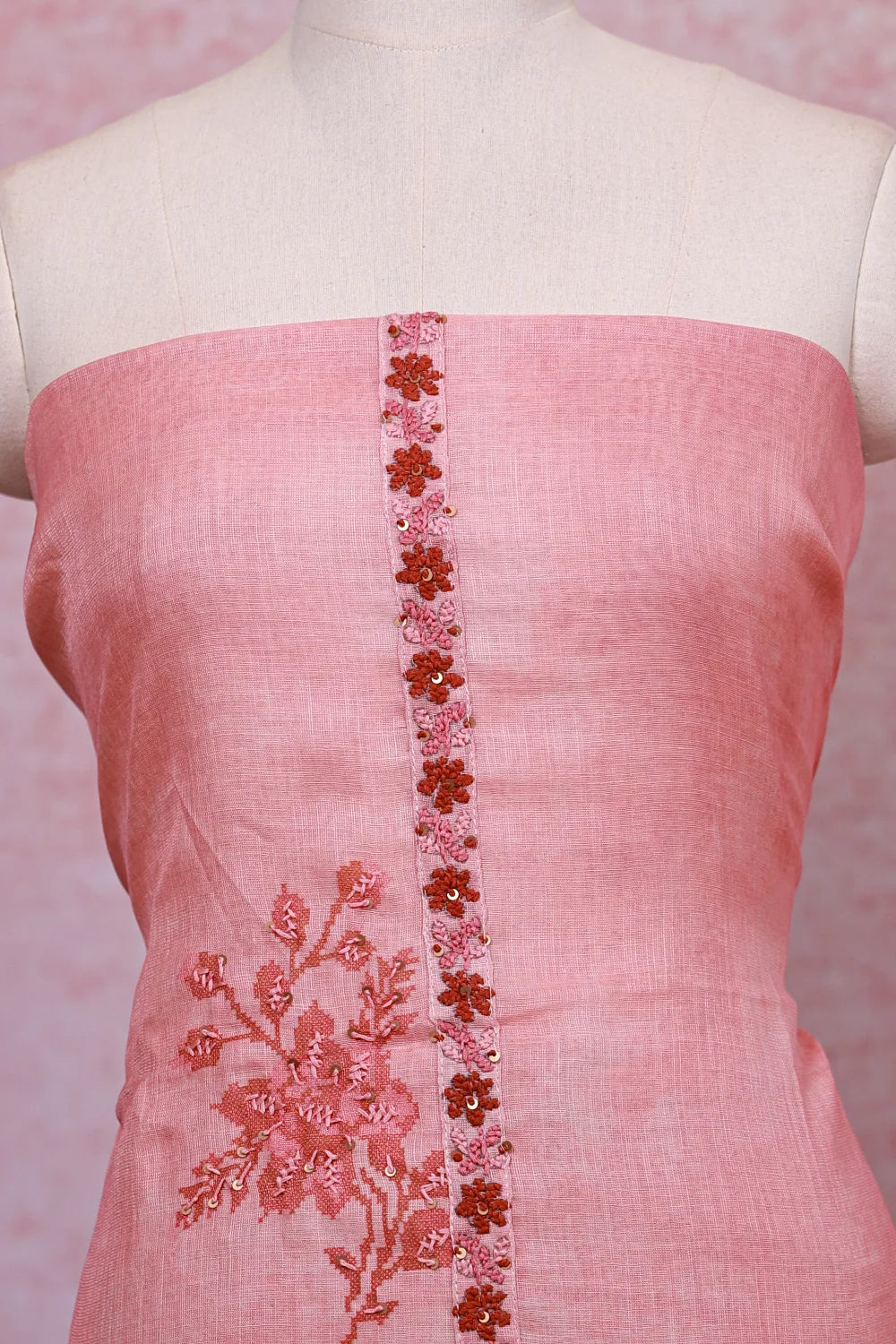 Peach Linen Kantha Stitched Unstitched Churidhar Material - Seematti