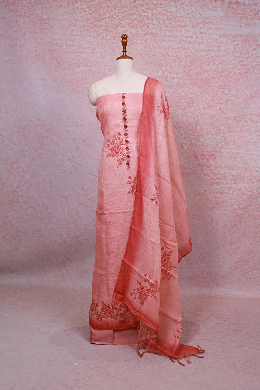 Peach Linen Kantha Stitched Unstitched Churidhar Material - Seematti