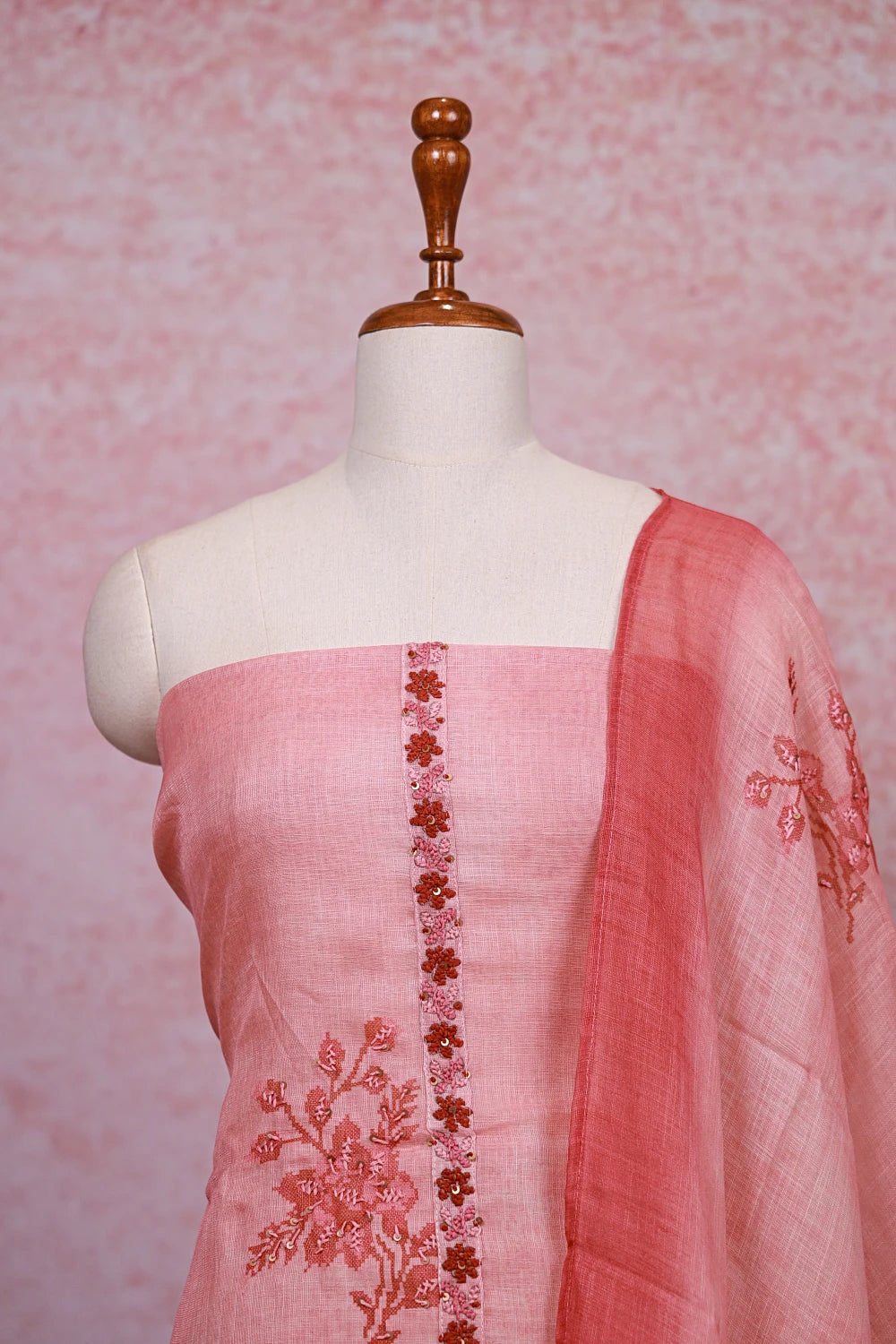 Peach Linen Kantha Stitched Unstitched Churidhar Material - Seematti