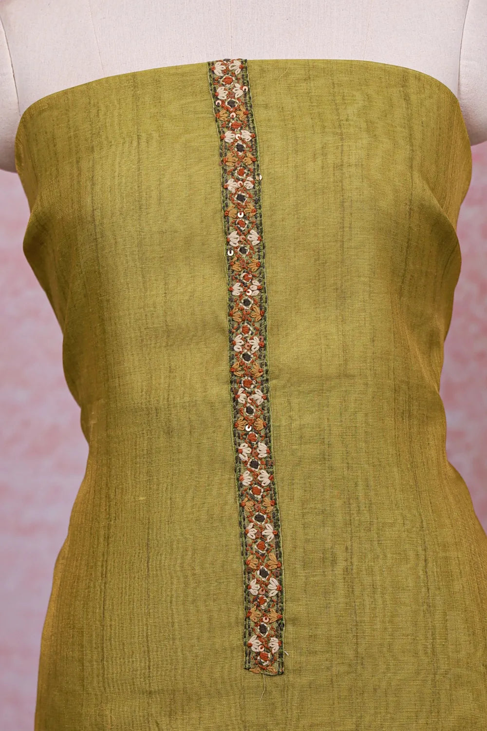 Mehandi Green Tissue Silk Kantha Stitched Unstitched Churidhar Material - Seematti