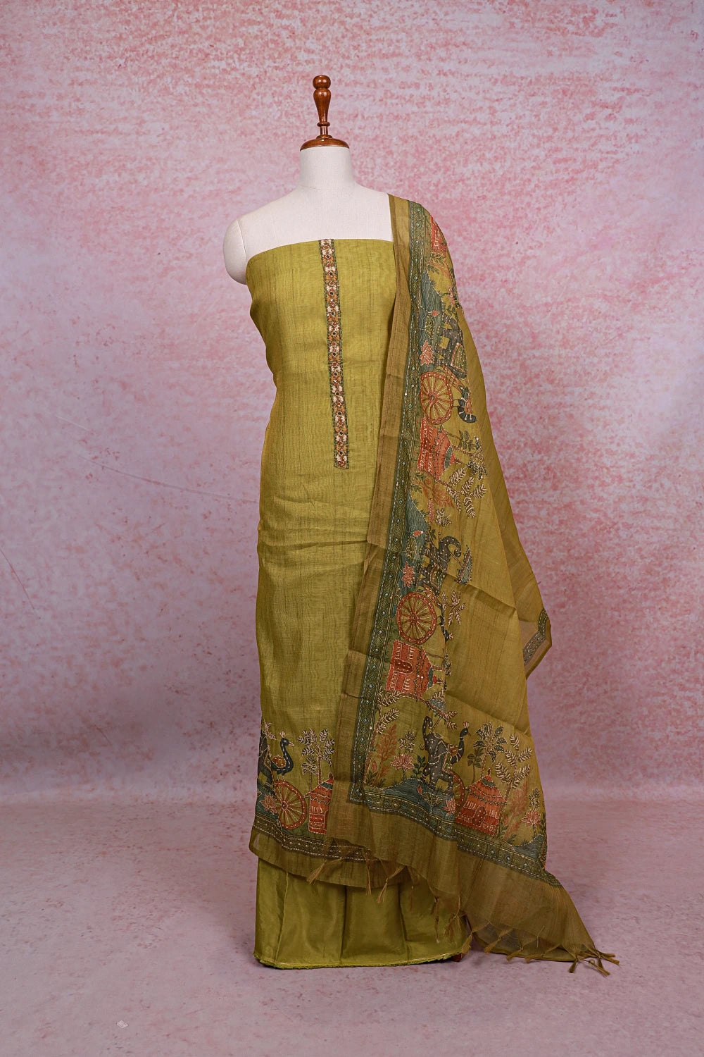 Mehandi Green Tissue Silk Kantha Stitched Unstitched Churidhar Material - Seematti