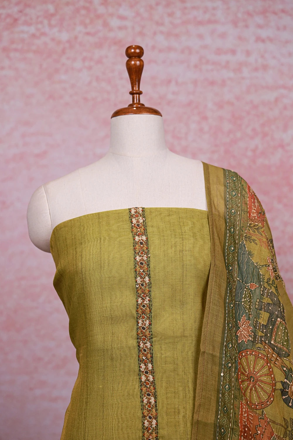 Mehandi Green Tissue Silk Kantha Stitched Unstitched Churidhar Material - Seematti