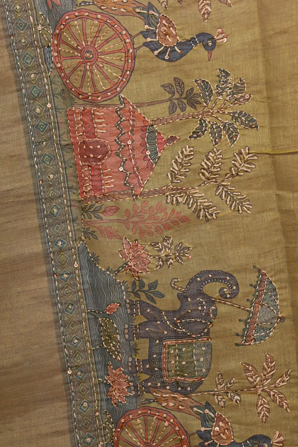 Mehandi Green Tissue Silk Kantha Stitched Unstitched Churidhar Material - Seematti