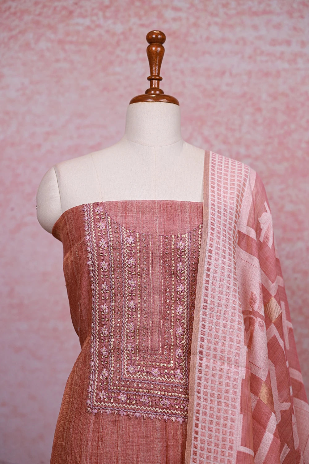 Onion Color Tisssue Silk Thread Work Unstitched Churidhar Material - Seematti