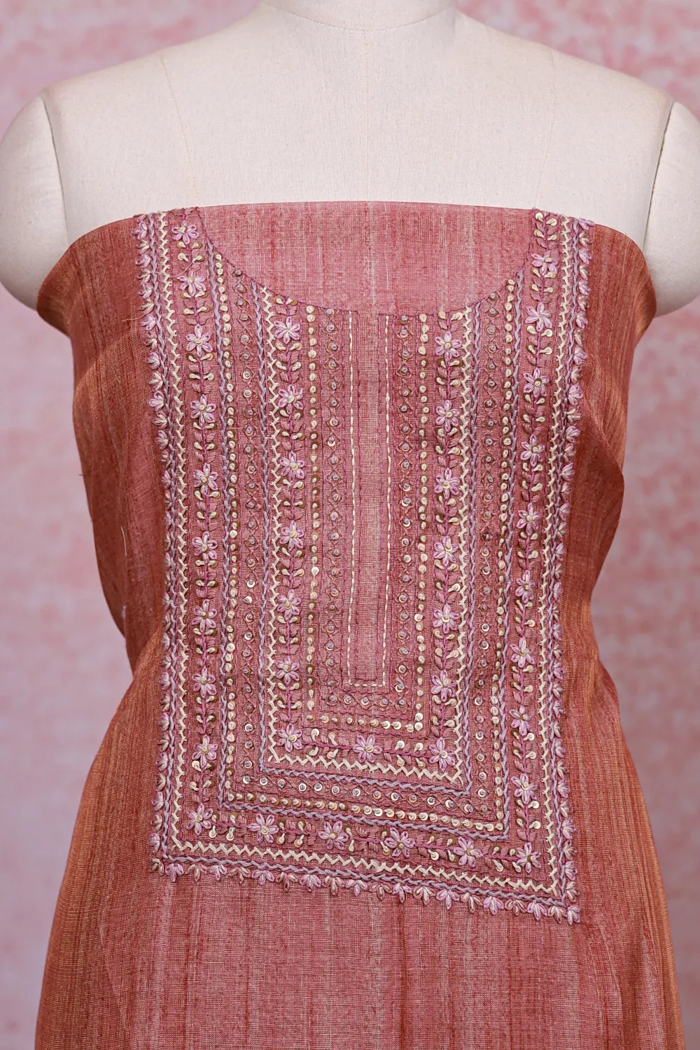 Onion Color Tisssue Silk Thread Work Unstitched Churidhar Material - Seematti
