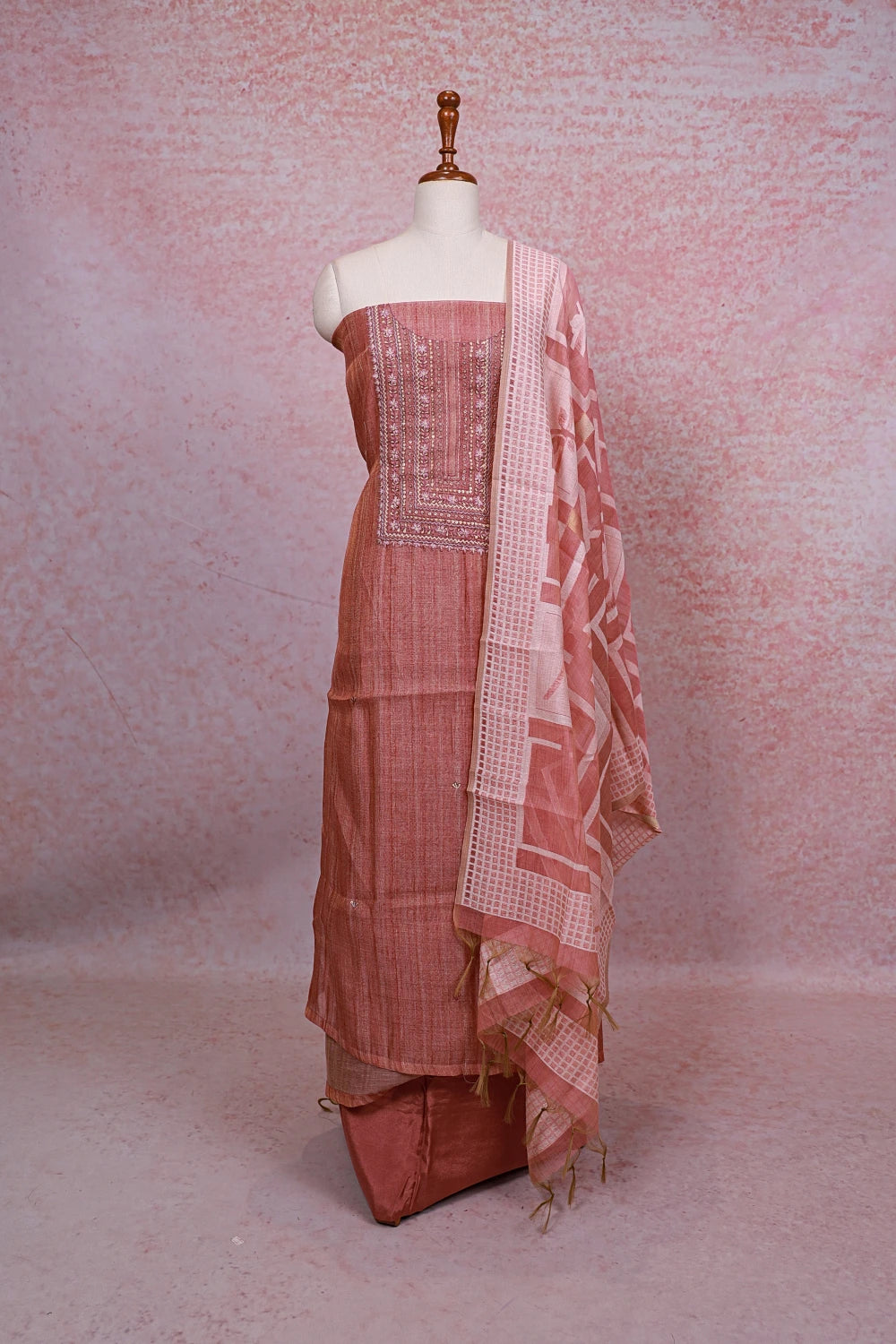 Onion Color Tisssue Silk Thread Work Unstitched Churidhar Material - Seematti