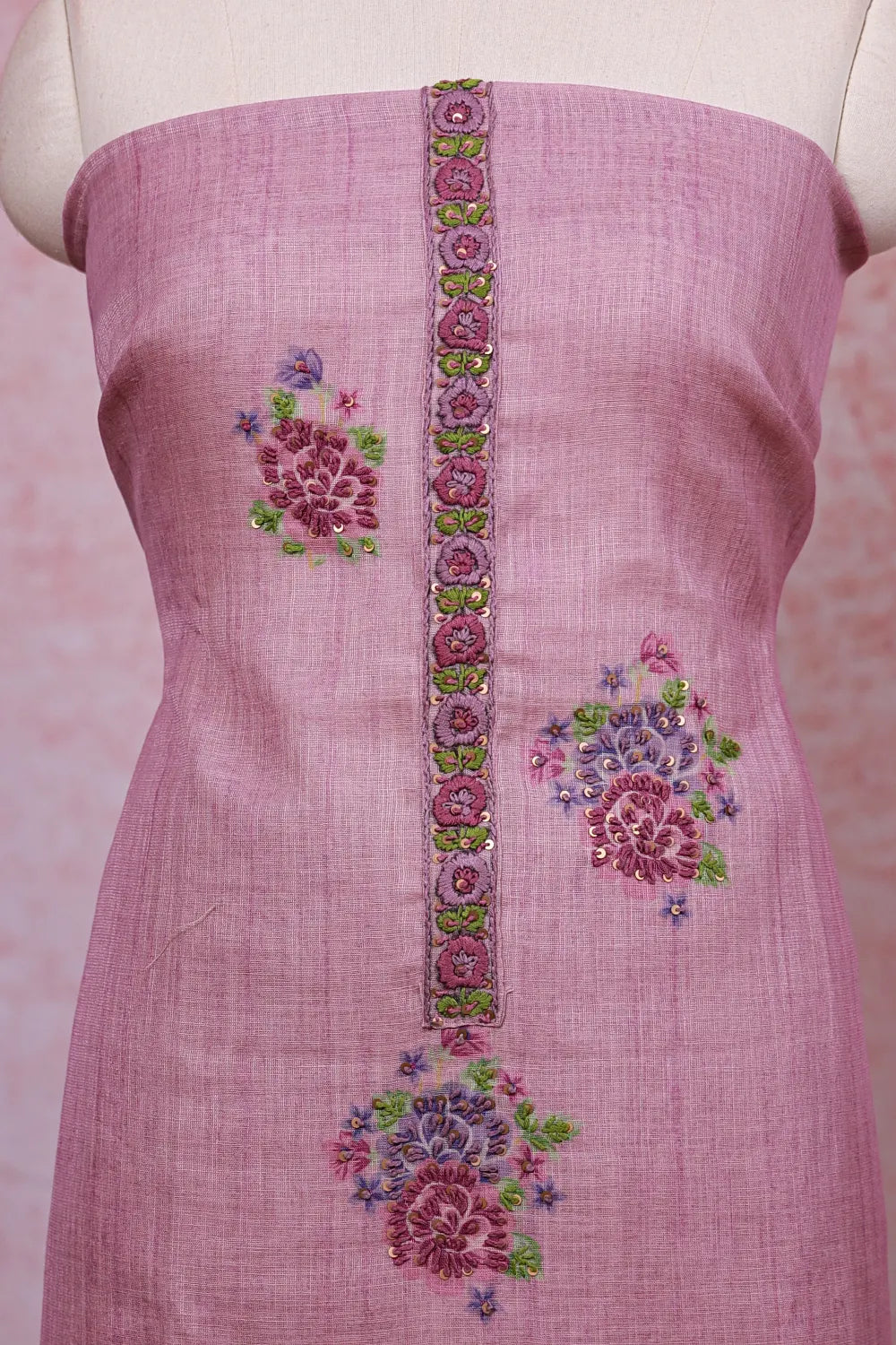 Light Lavender LInen Thread Work Unstitched Churidhar Material - Seematti
