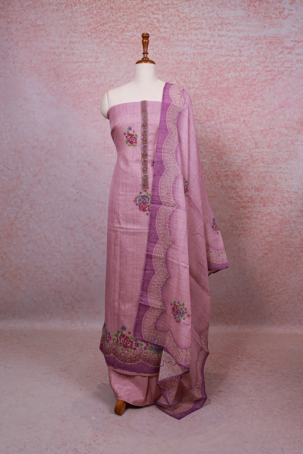 Light Lavender LInen Thread Work Unstitched Churidhar Material - Seematti