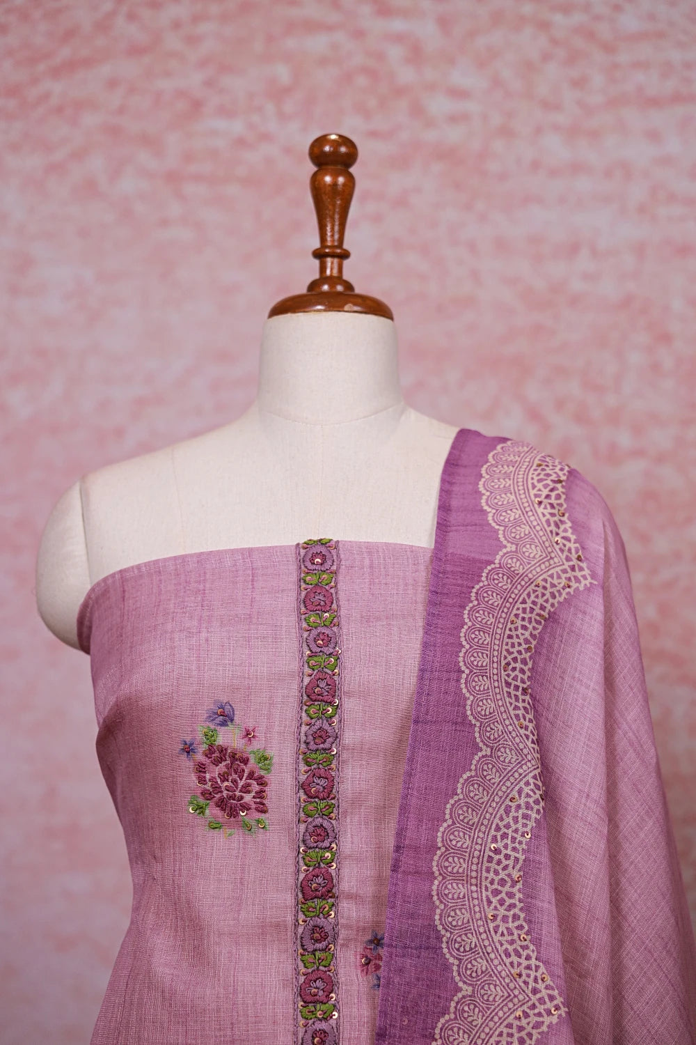 Light Lavender LInen Thread Work Unstitched Churidhar Material - Seematti