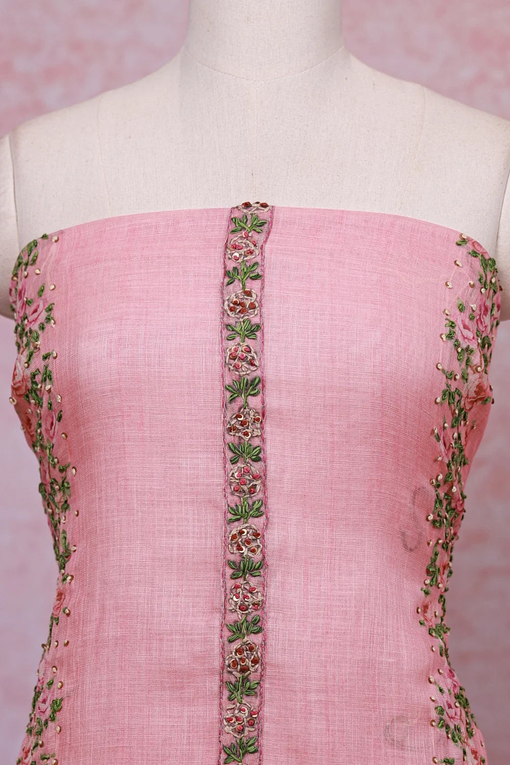 Peach Linen Thread Work Unstitched Churidhar Material - Seematti