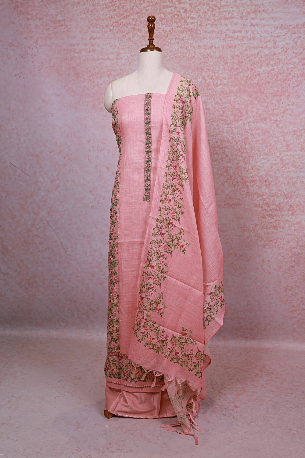 Peach Linen Thread Work Unstitched Churidhar Material - Seematti