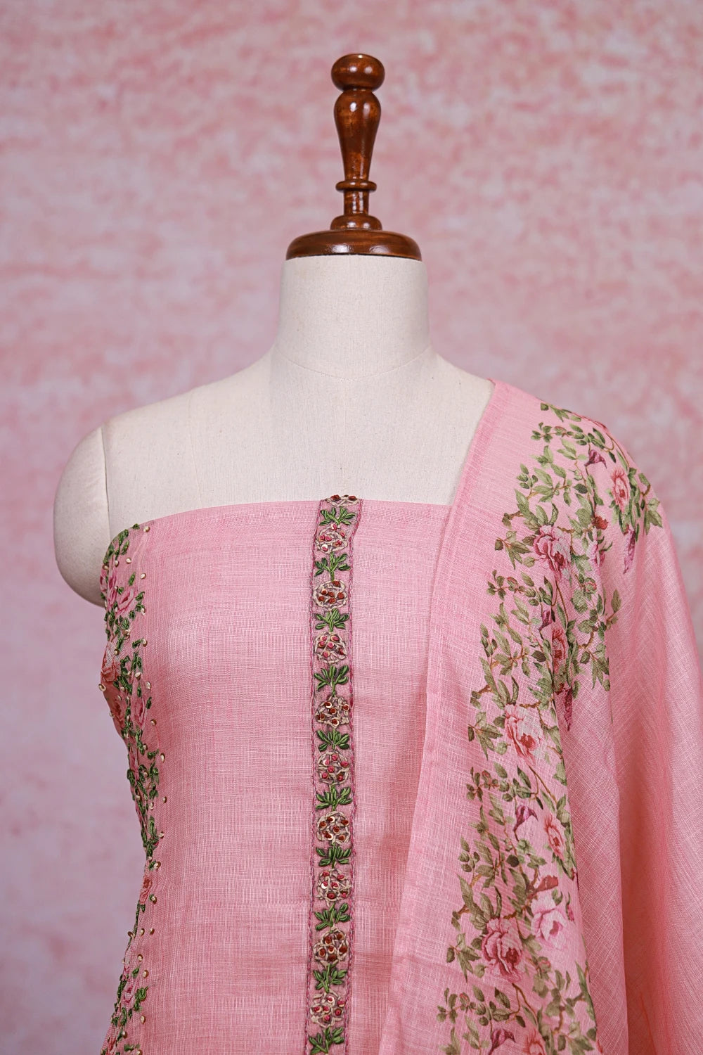 Peach Linen Thread Work Unstitched Churidhar Material - Seematti
