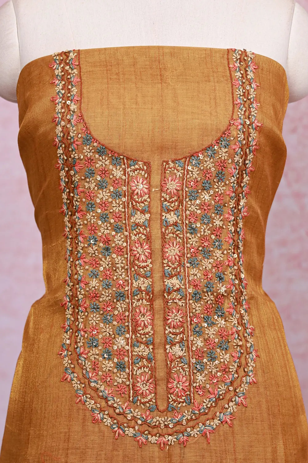 Mustard Yellow Tissue Silk Thread Work Unstitched Churidhar Material - Seematti