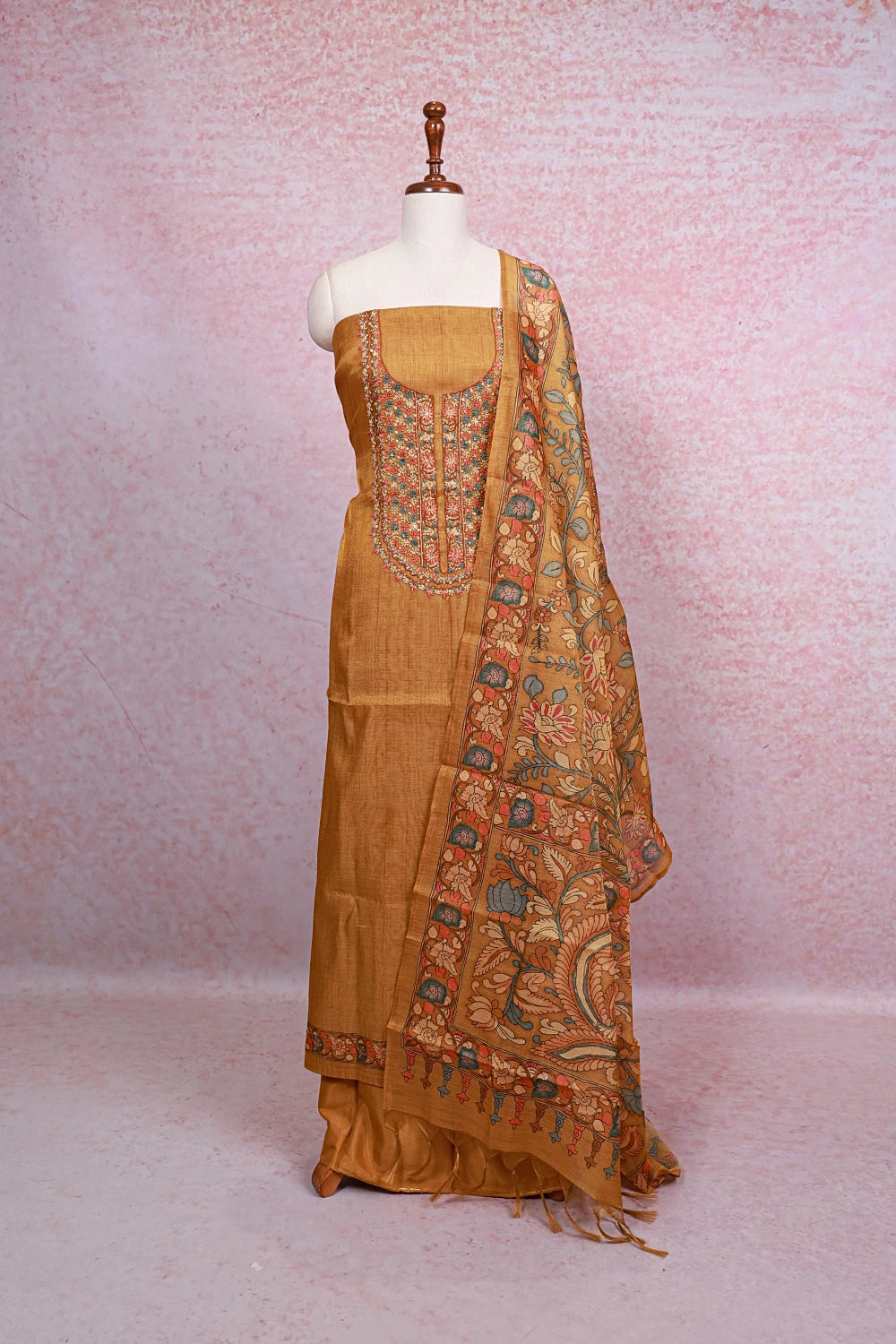 Mustard Yellow Tissue Silk Thread Work Unstitched Churidhar Material - Seematti