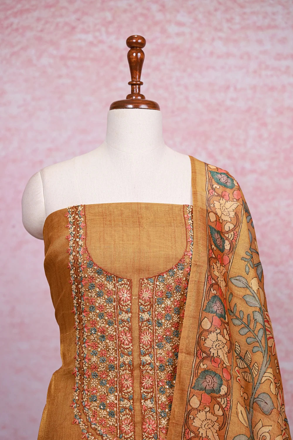 Mustard Yellow Tissue Silk Thread Work Unstitched Churidhar Material - Seematti