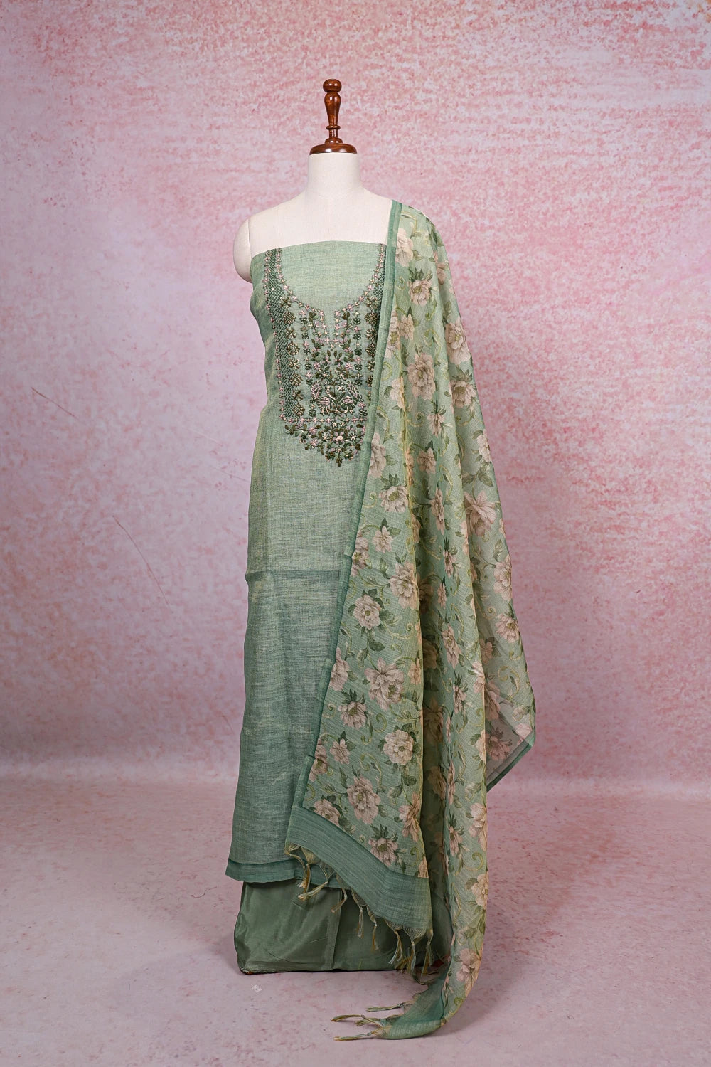 Light Green Tissue Silk Thread Work Unstitched Churidhar Material - Seematti