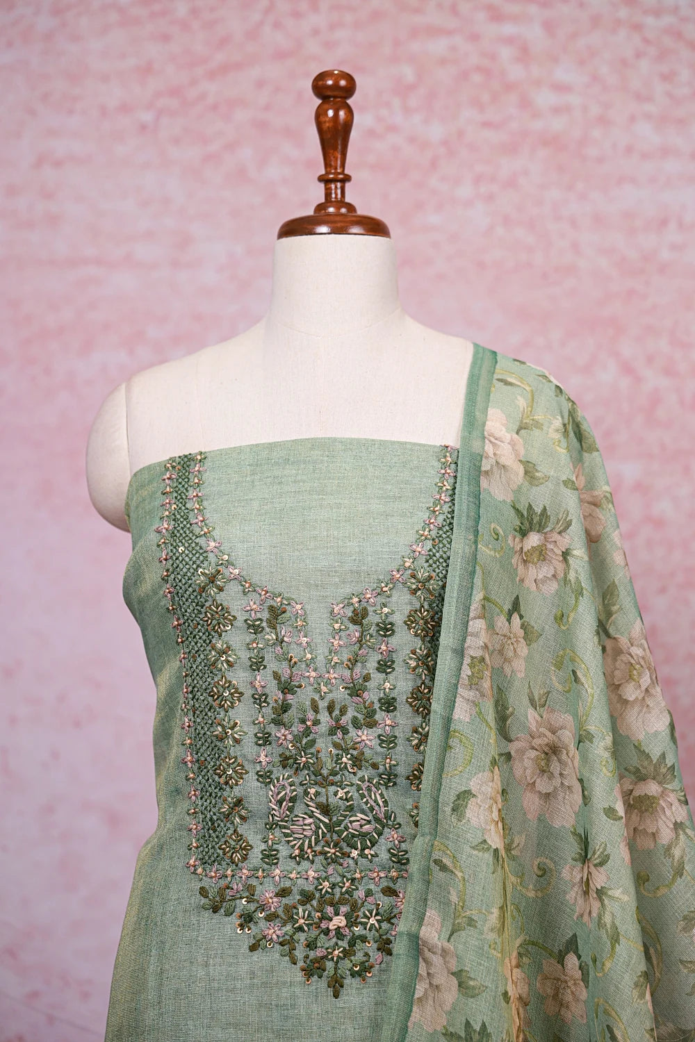 Light Green Tissue Silk Thread Work Unstitched Churidhar Material - Seematti