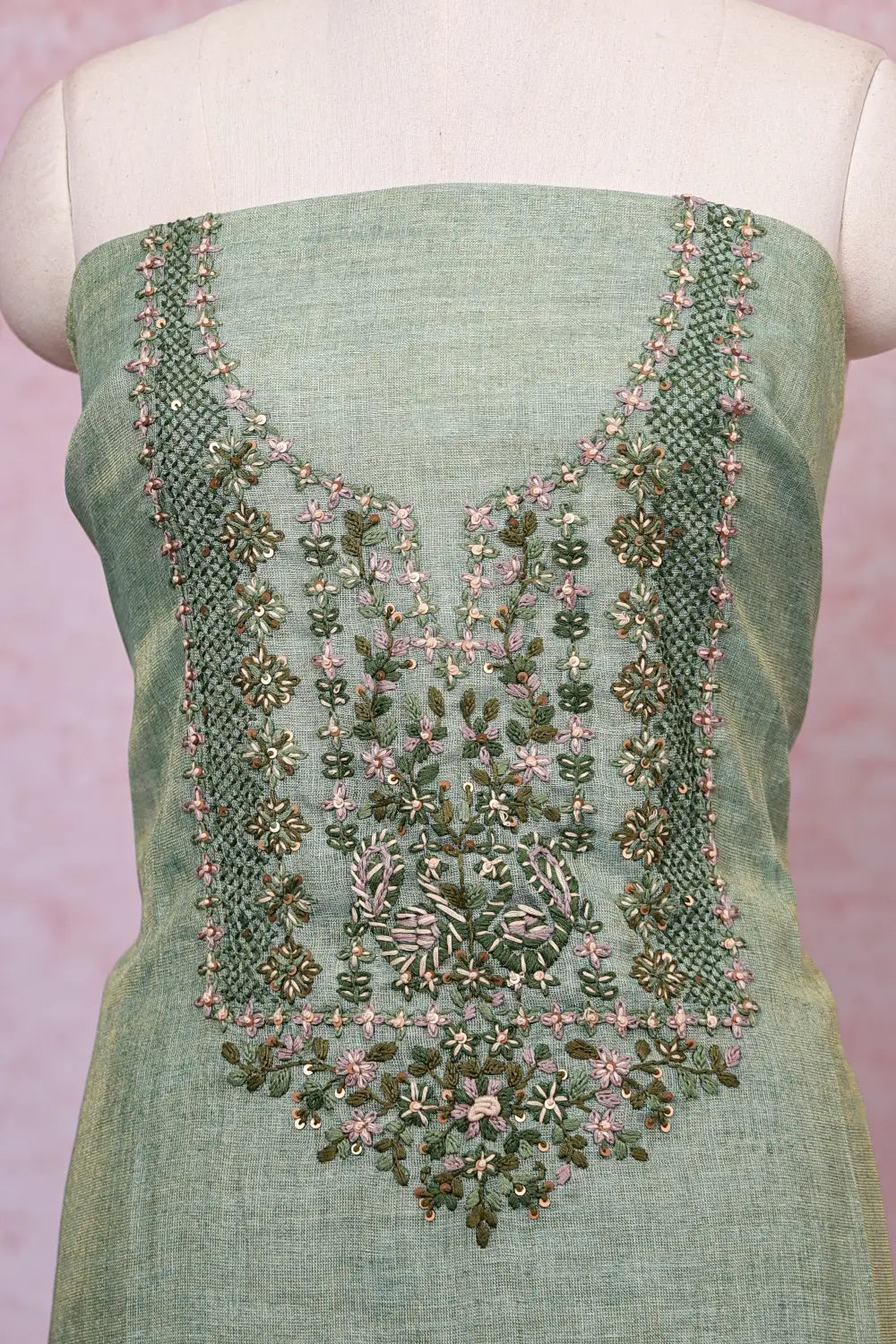 Light Green Tissue Silk Thread Work Unstitched Churidhar Material - Seematti