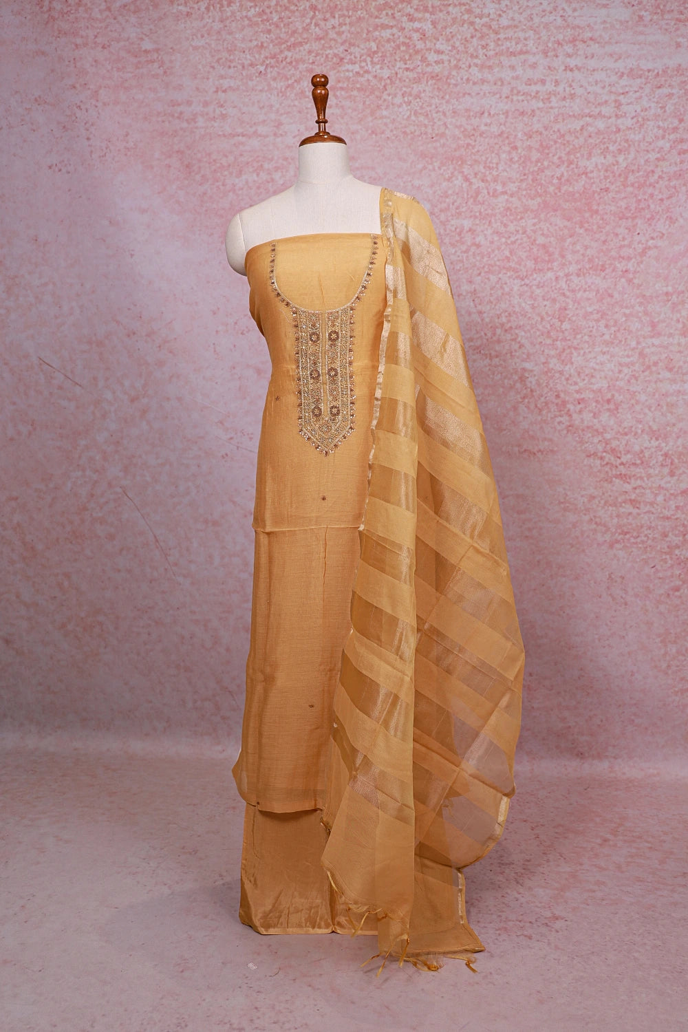 Yellow Chanderi Silk Beads Work Unstitched Churidhar Material
