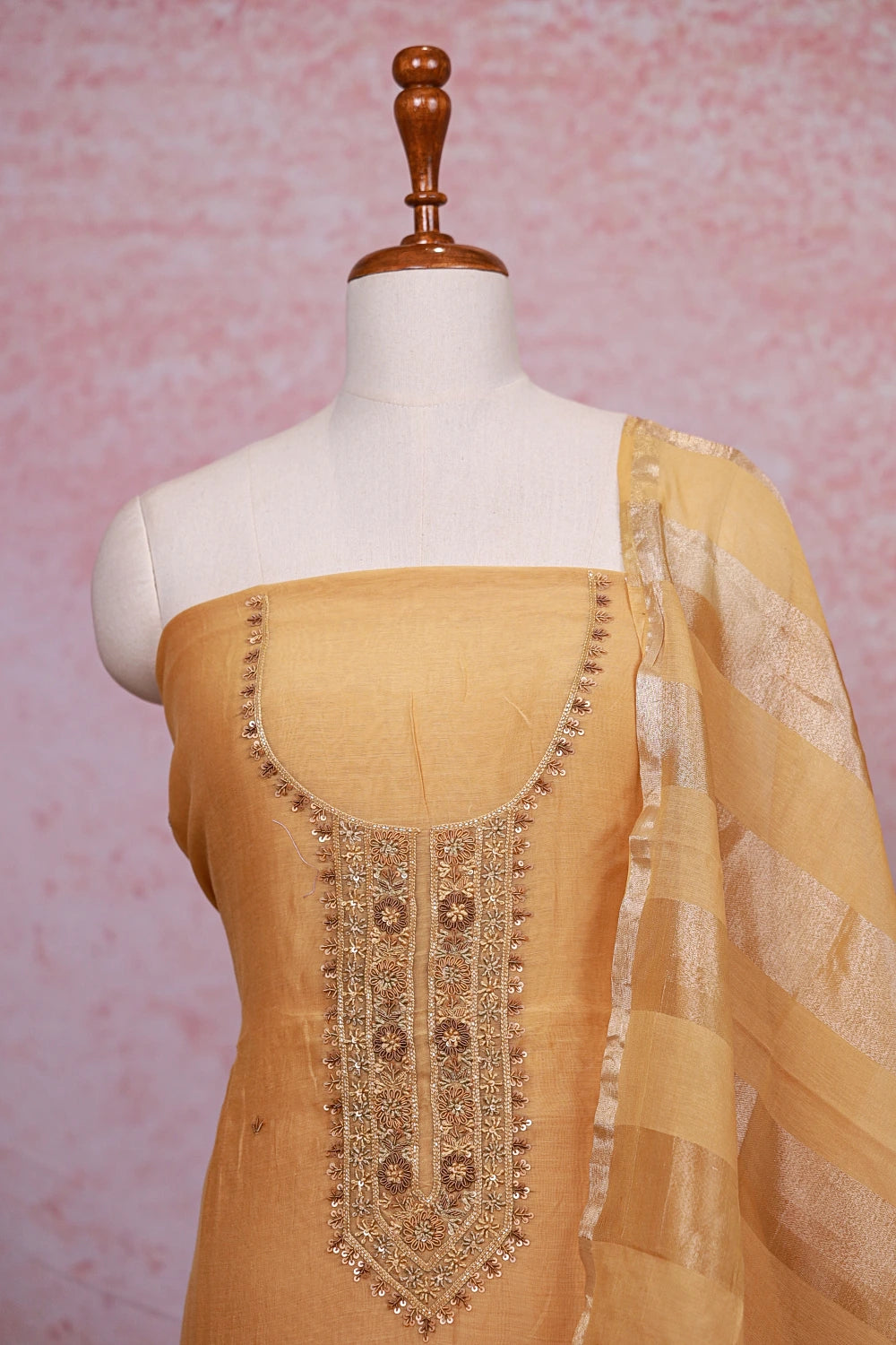Yellow Chanderi Silk Beads Work Unstitched Churidhar Material