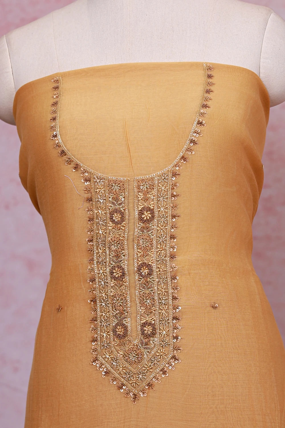 Yellow Chanderi Silk Beads Work Unstitched Churidhar Material