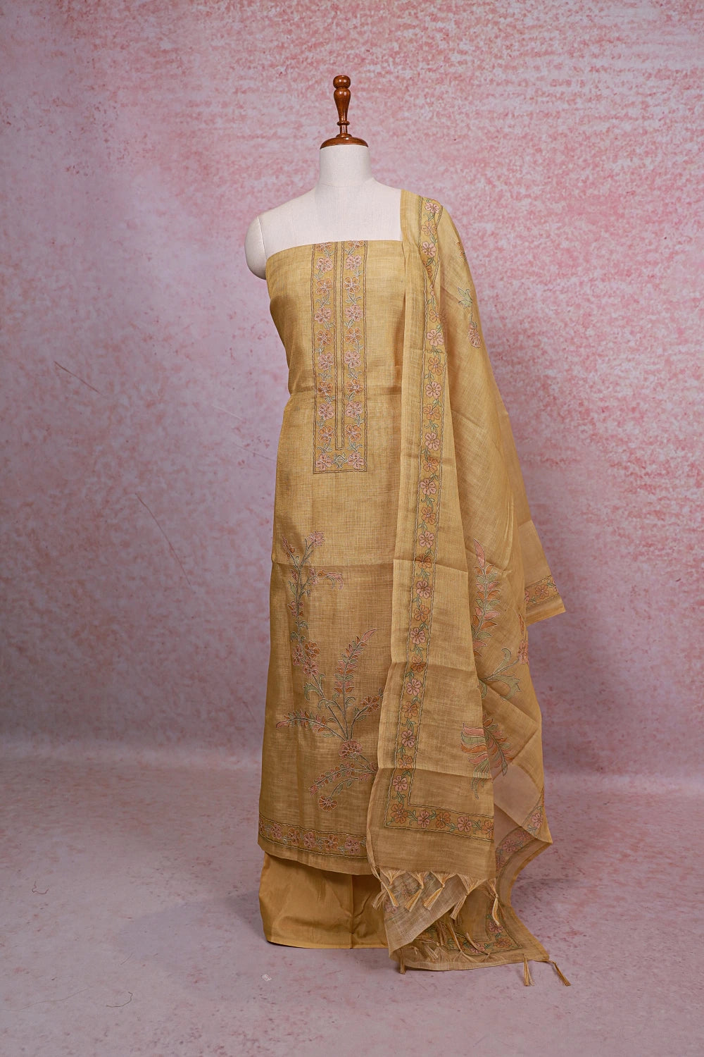 Golden Yellow Tissue Silk Applic Work Unstitched Churidhar Material - Seematti