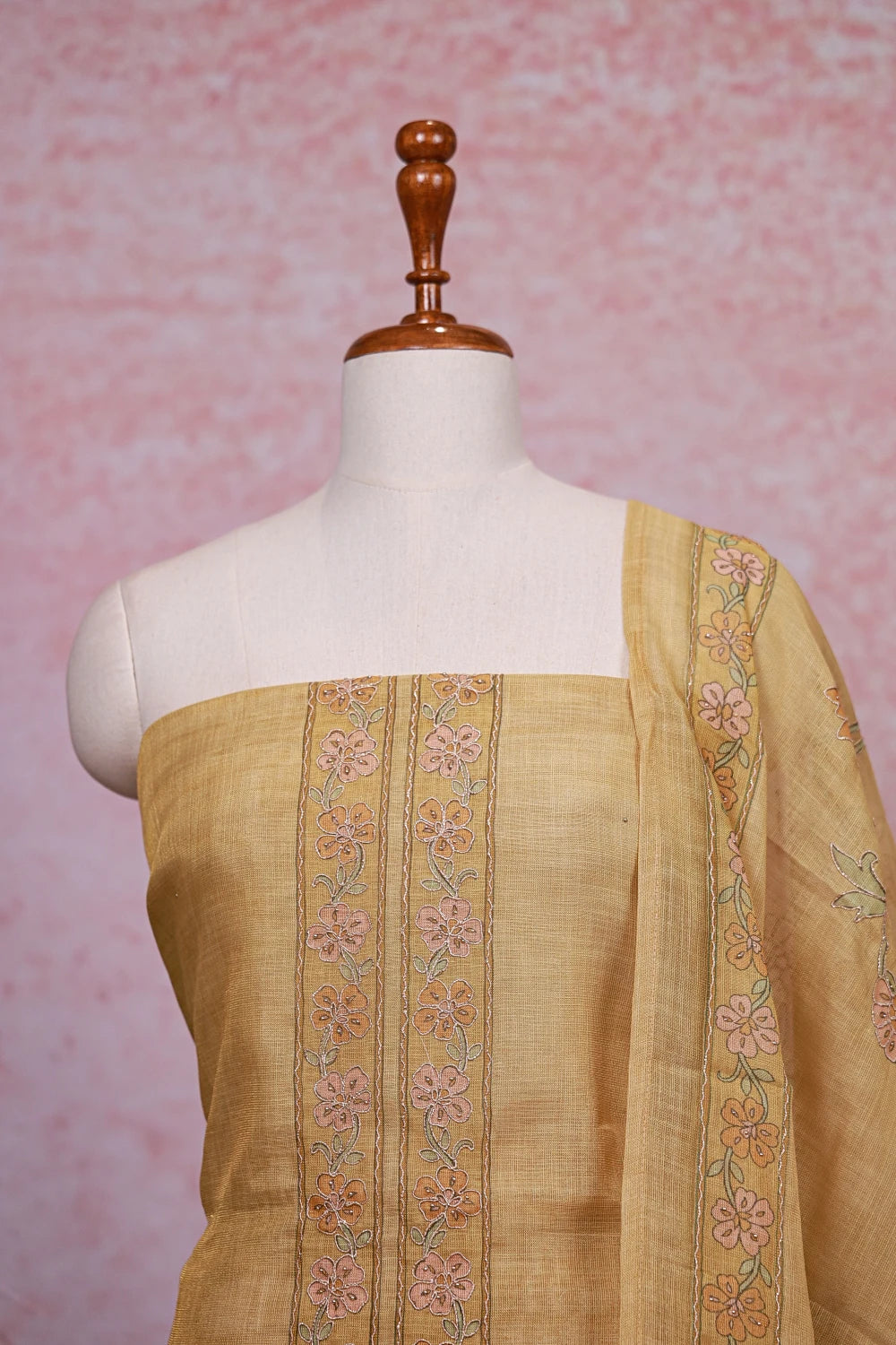 Golden Yellow Tissue Silk Applic Work Unstitched Churidhar Material - Seematti