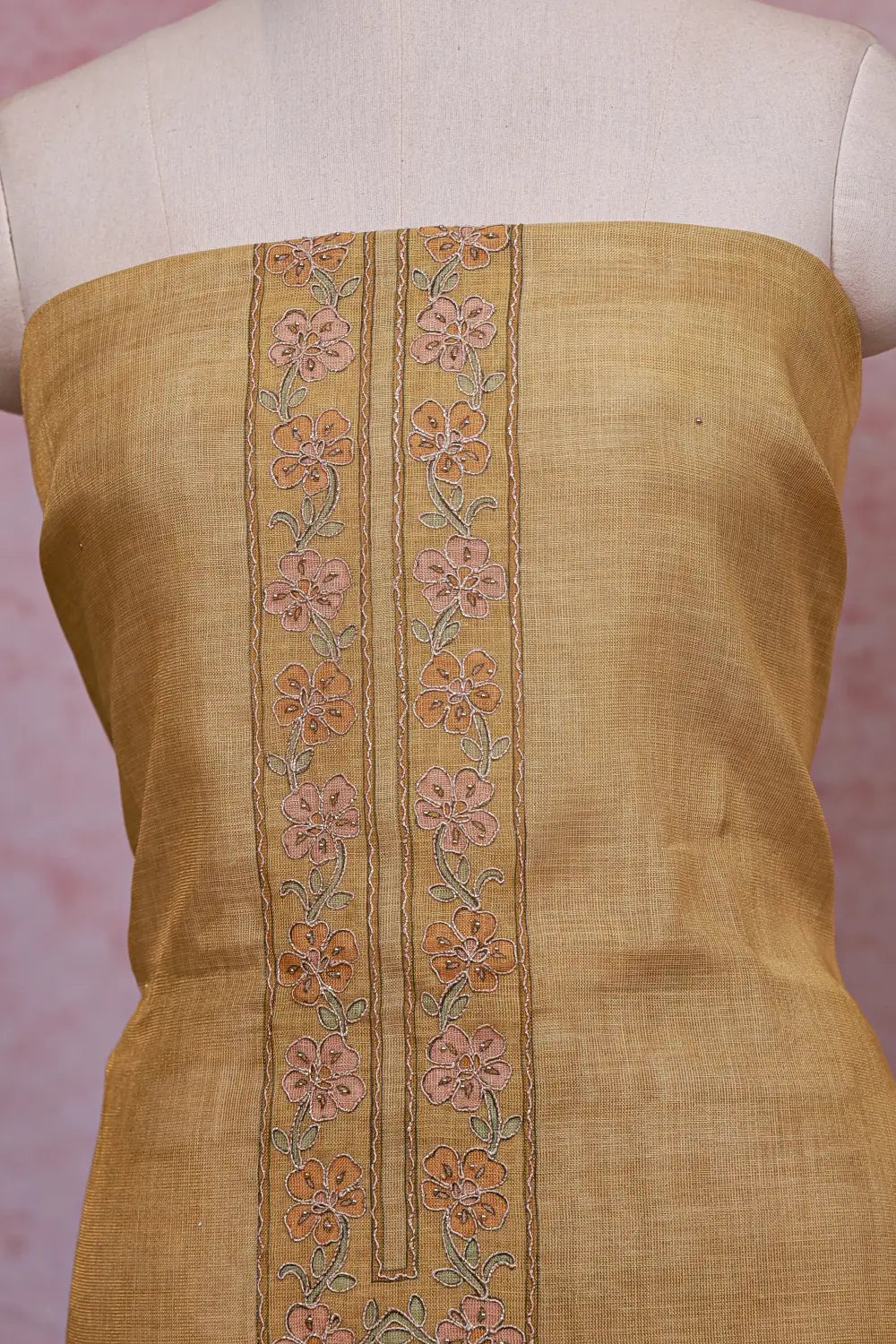 Golden Yellow Tissue Silk Applic Work Unstitched Churidhar Material - Seematti