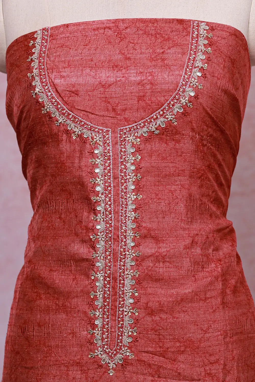 Copper Colour Chanderi Silk Beads Work Unstitched Churidhar Material
