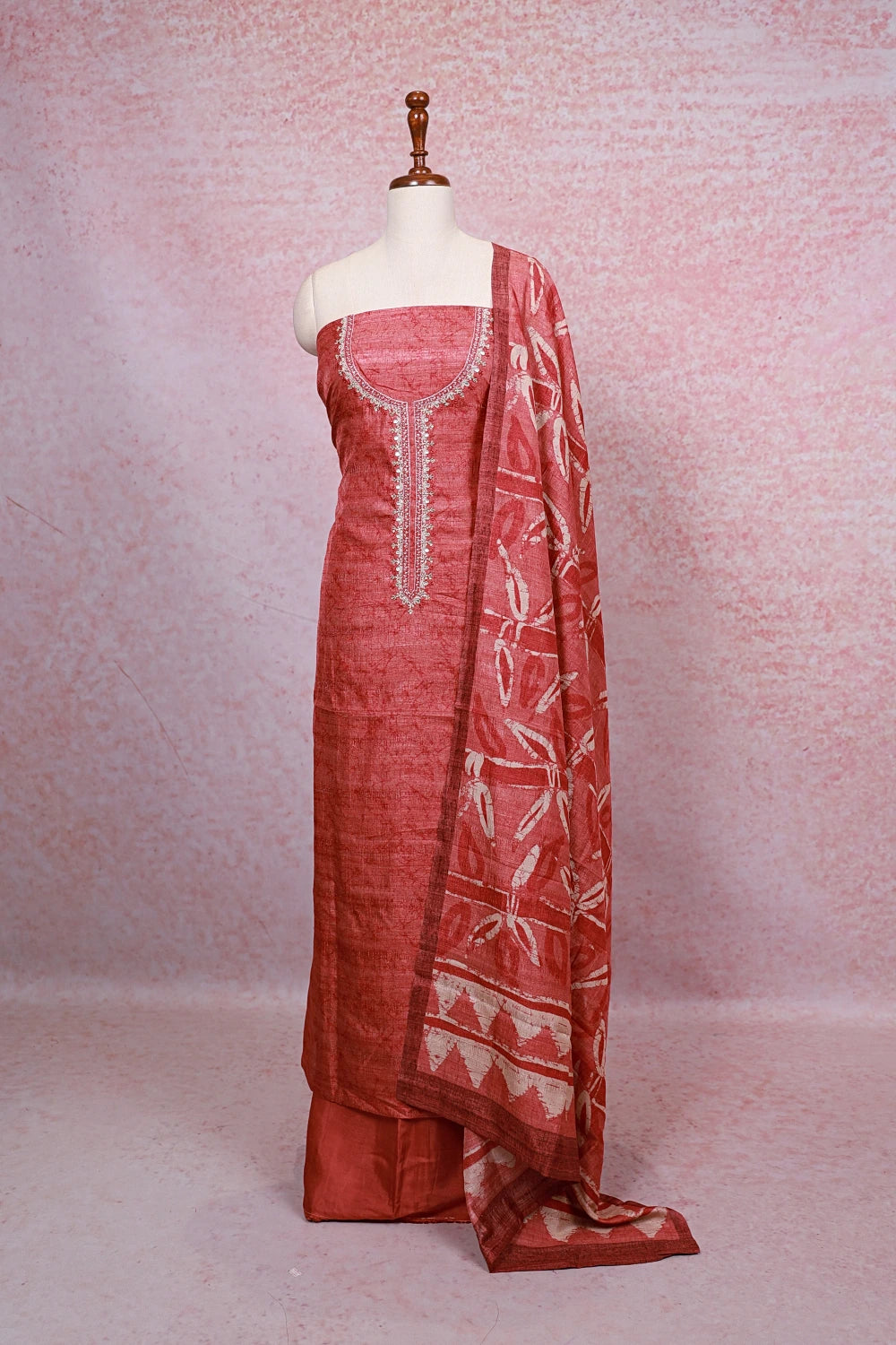 Copper Colour Chanderi Silk Beads Work Unstitched Churidhar Material