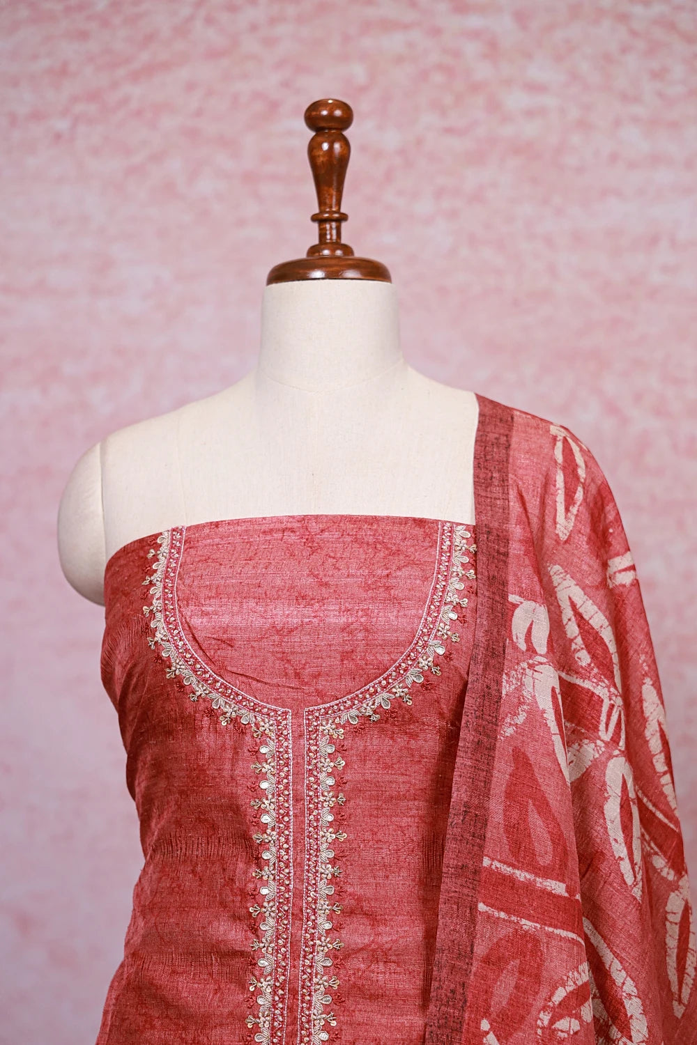 Copper Colour Chanderi Silk Beads Work Unstitched Churidhar Material